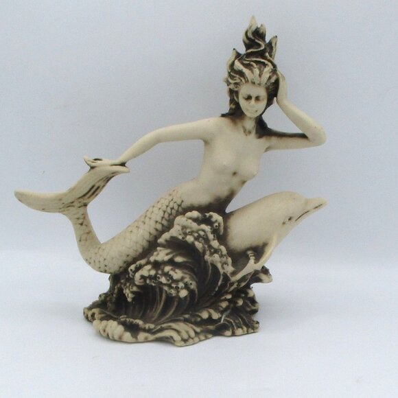 Vintage Mermaid Riding Dolphin Resin Figurine 8" Detailed Nautical Decoration - Picture 1 of 5
